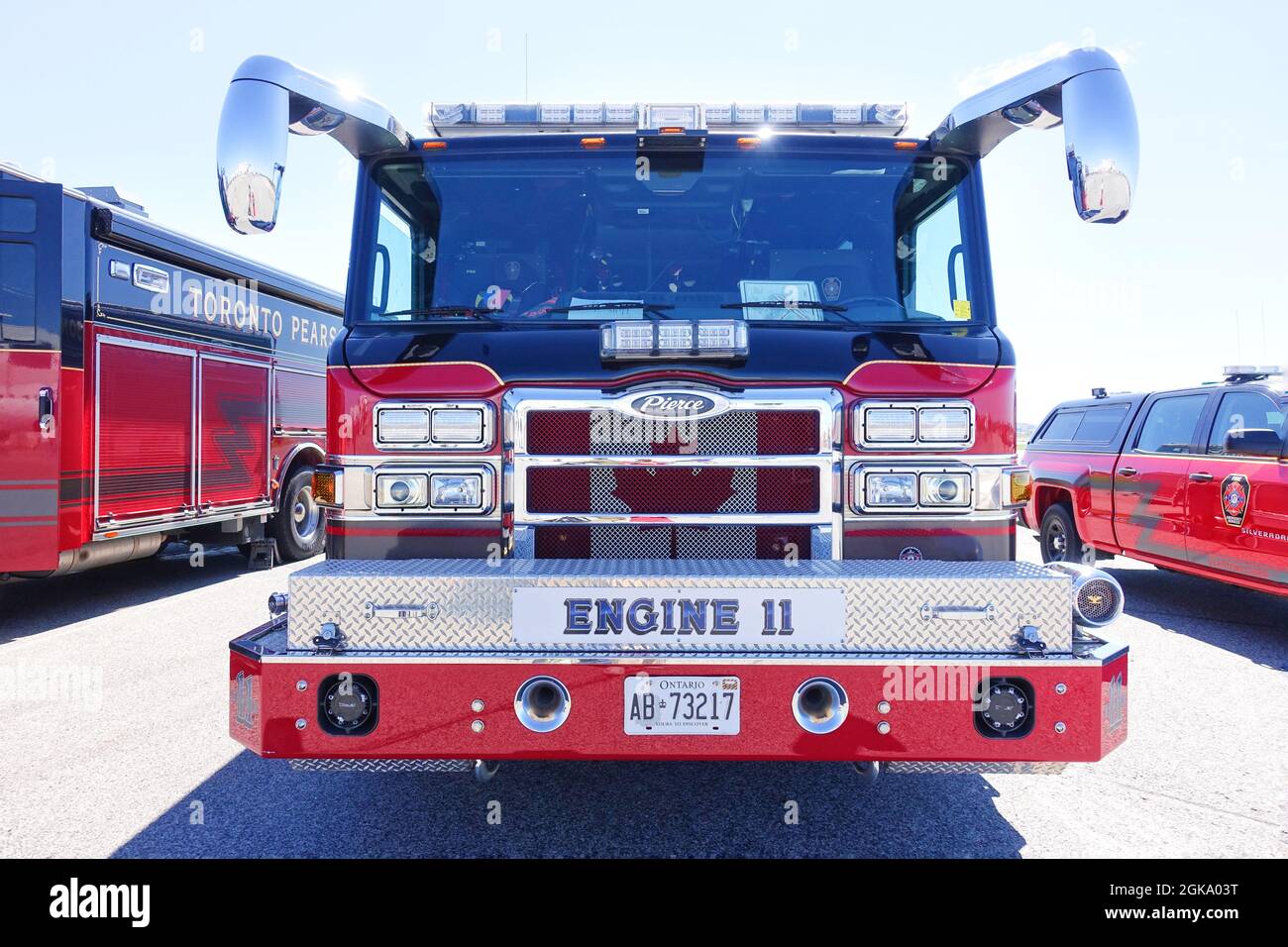 Toronto, Ontario, Canada - June 12, 2016 :  Modern giant firetruck at Toronto Pearson Airport. Toronto Pearson Airport has its own fire department. Stock Photo