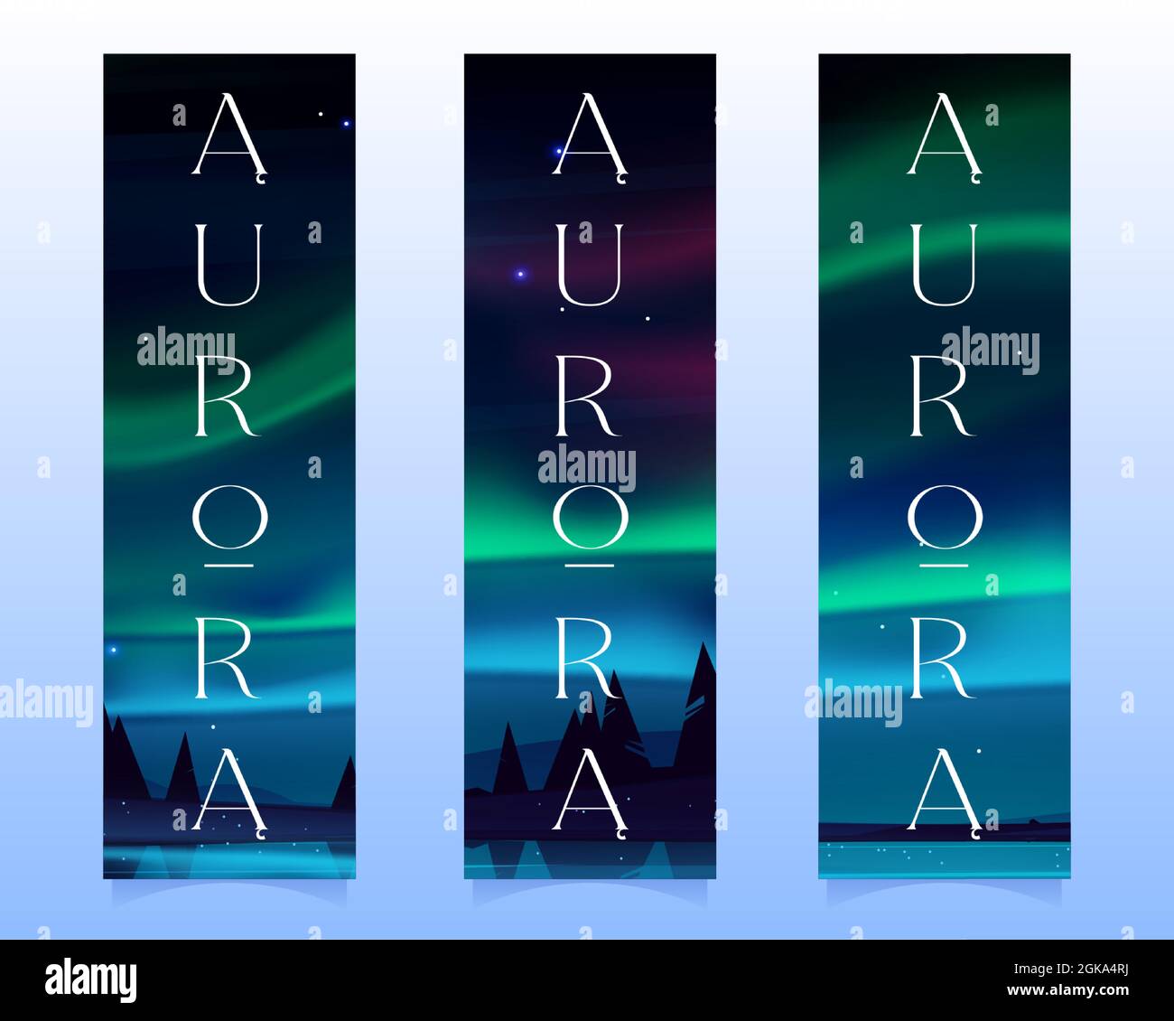 Aurora borealis, northern lights in arctic night sky with stars on bookmarks. Vector vertical banners with cartoon winter landscape with lake, silhouettes of trees and polar lights Stock Vector