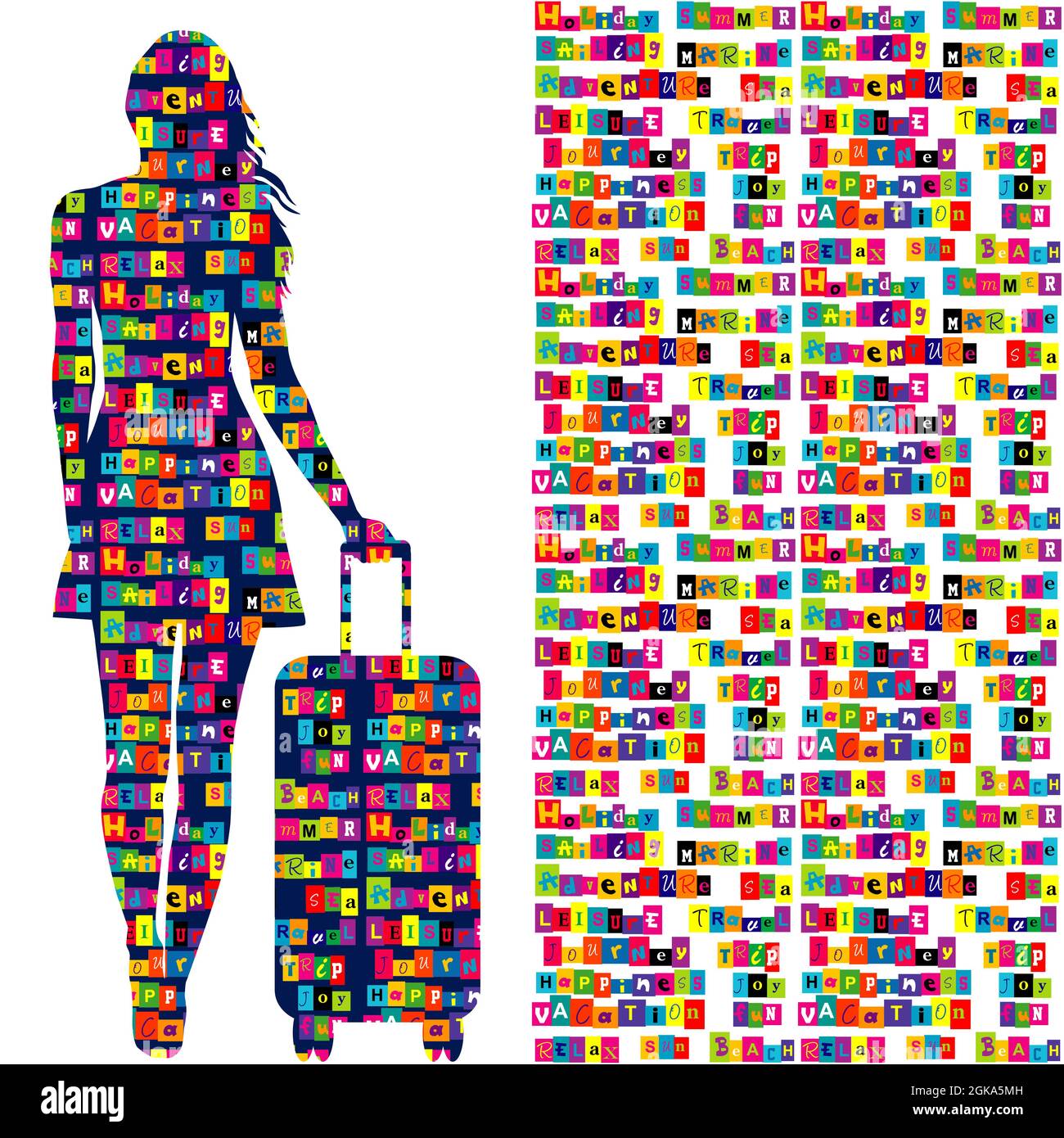 Travel background with a woman holding a trolley luggage and words related to the holiday Stock