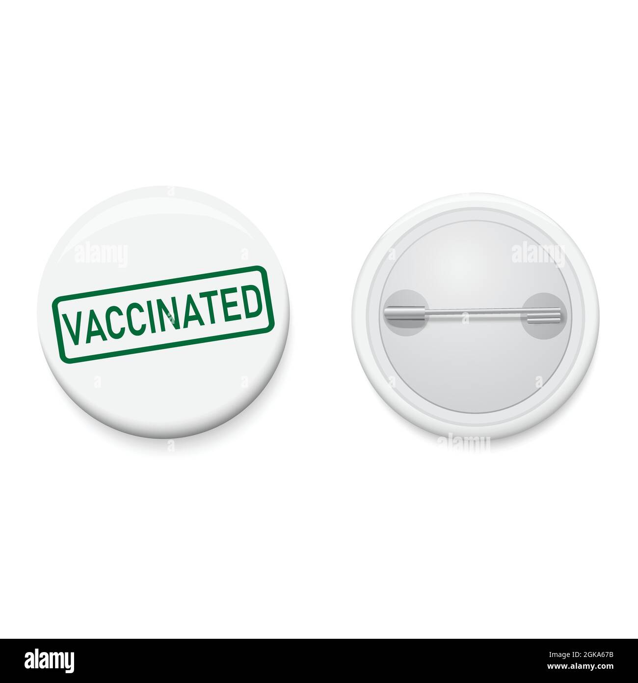White button badge with stamp VACCINATED. Realistic pin button. Vector ...