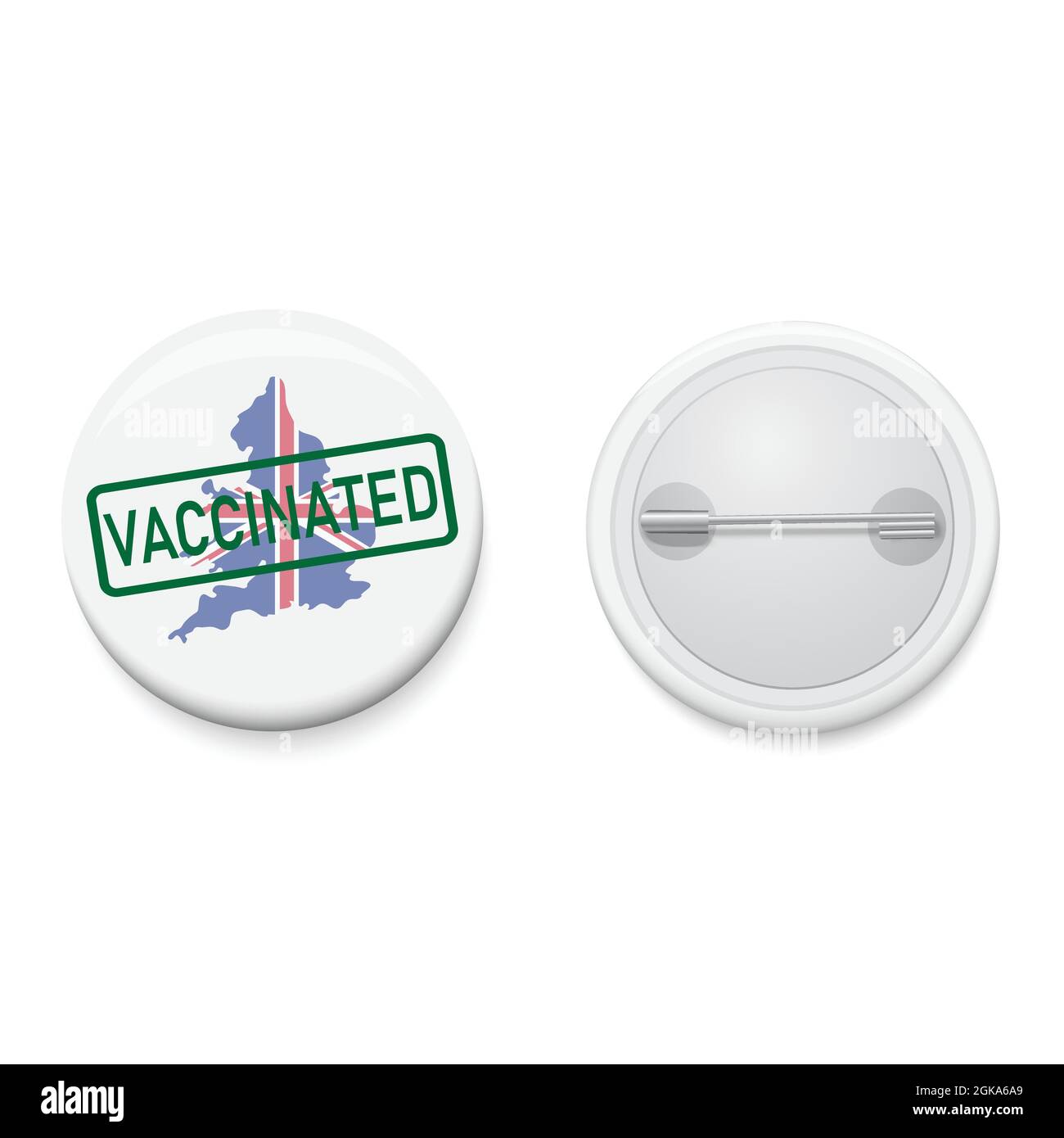 White button badge COVID-19 VACCINE campaign England map with VACINATED stamp. Realistic pin button. Vector and illustration design. Stock Vector