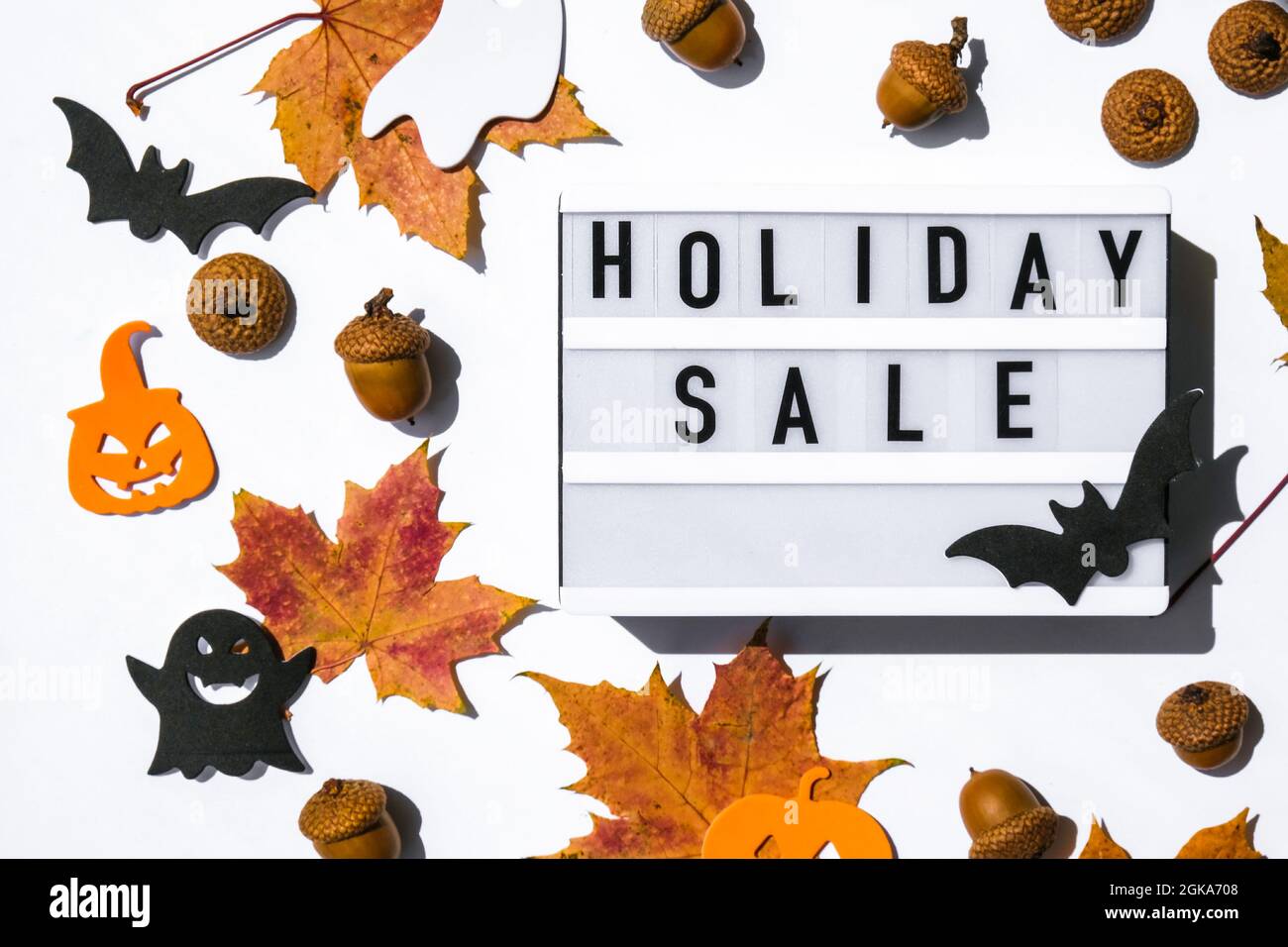 Lightbox with text HOLIDAY SALE, Halloween autumn leaves ...