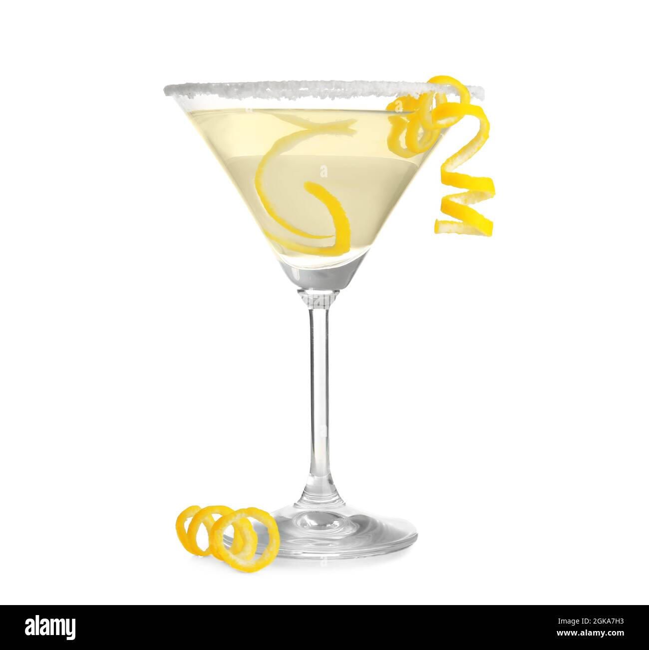Glass of lemon drop martini with zest on white background Stock Photo