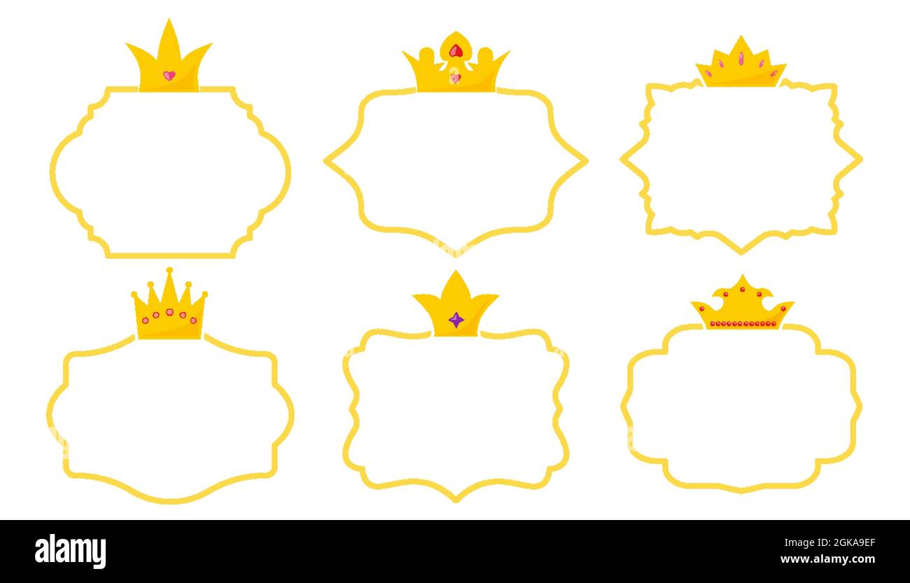 Crowns with precious stones set templates gold line, frames, price tags, vintage elements. Collection of objects for decoration and design isolated on white background. Vector illustration Stock Vector