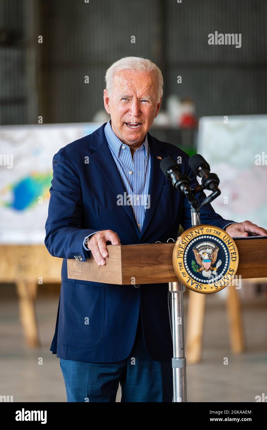 MATHER, CA, US.A. - SEPT. 13, 2021: President Joe Bidemakes a point while addressing the press. Maps related to the area's wildfires are behind  him. Stock Photo