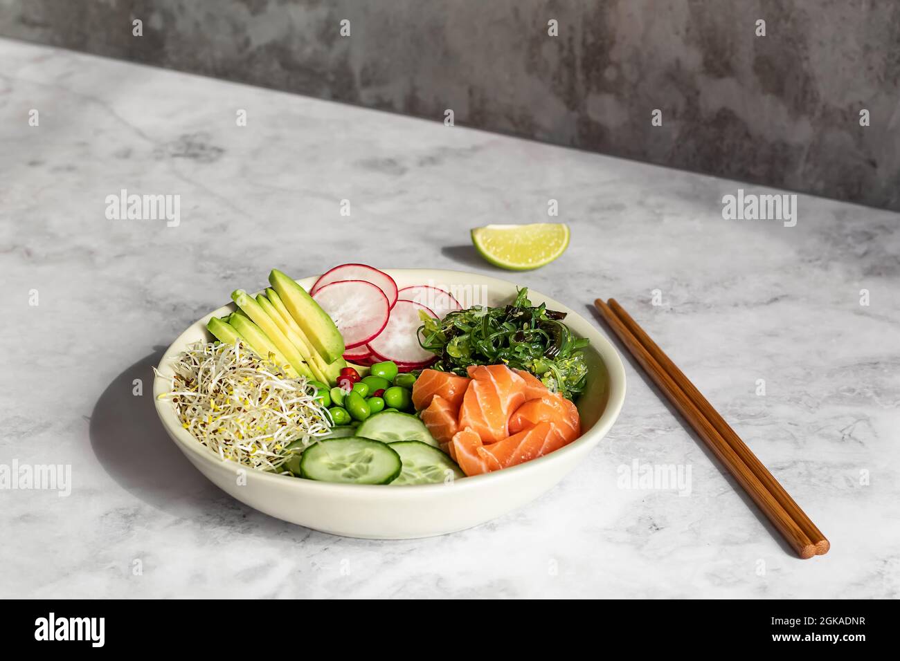 Keto diet poke bowl. Edamame beans, salmon, avocado, seaweed, a great