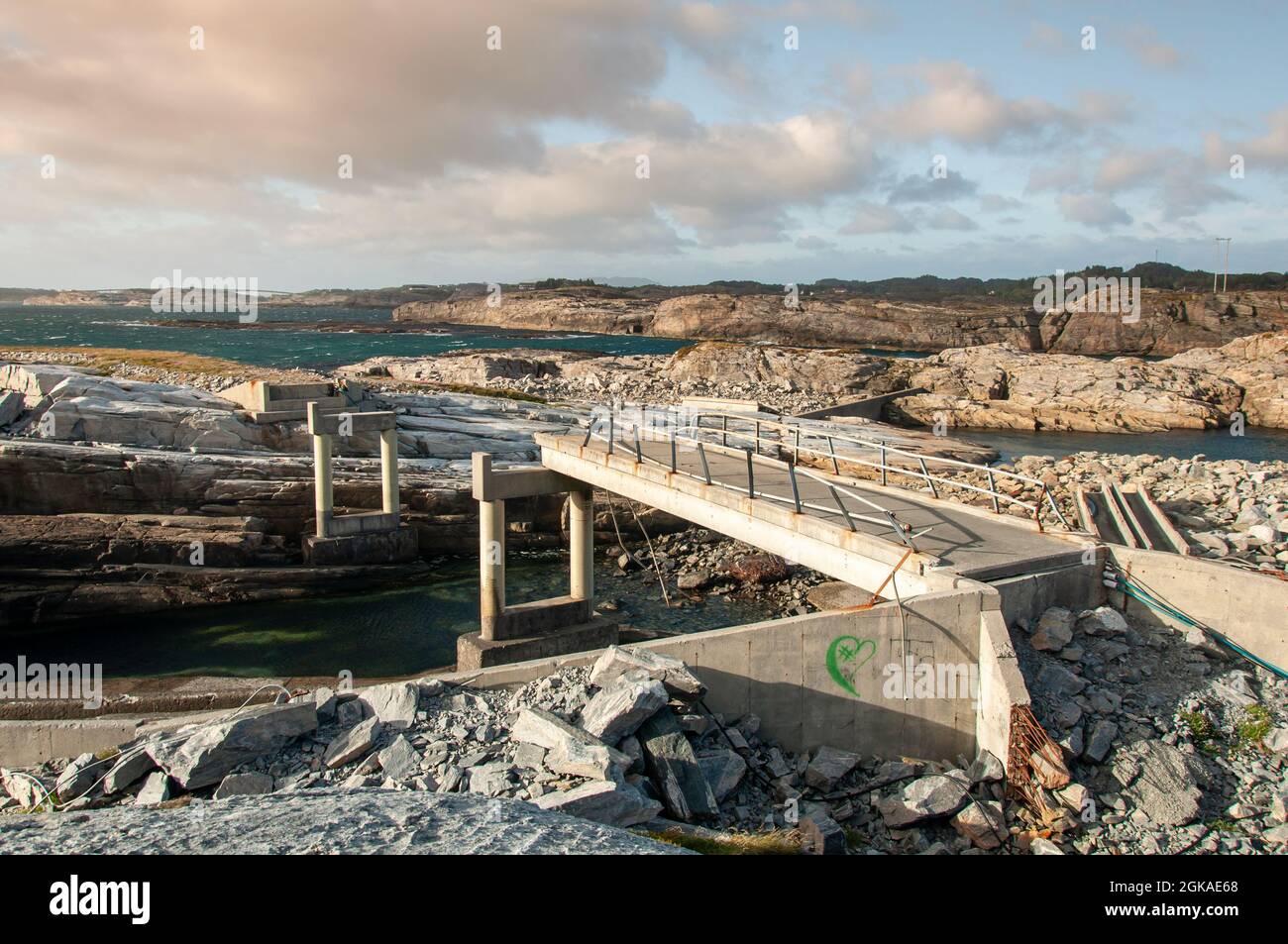 Bridge destroyed by storm at Sotra in Norway. Stock Photo