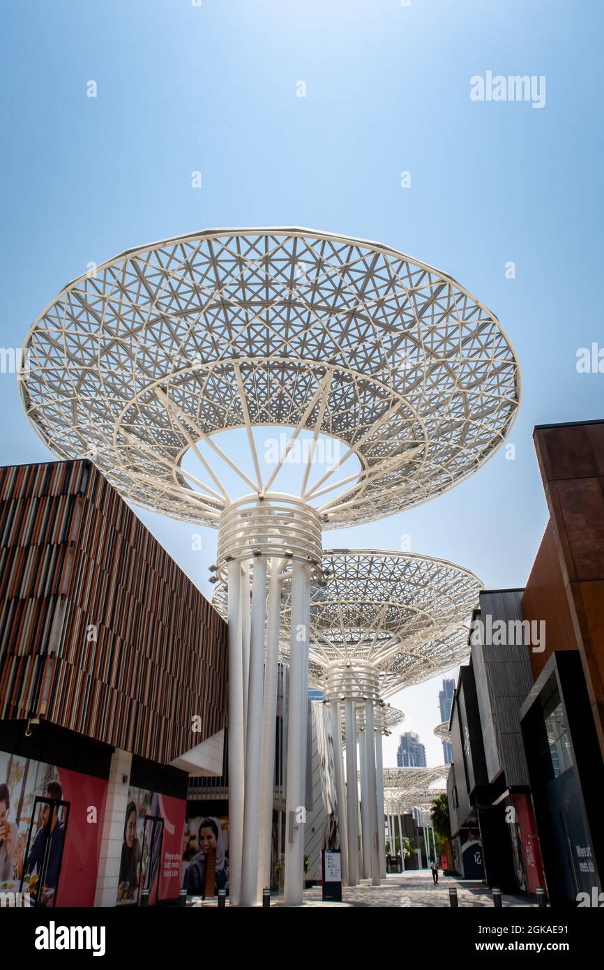 Dubai, UAE, 04/07/20. Modern artificial tree constructions and shopping