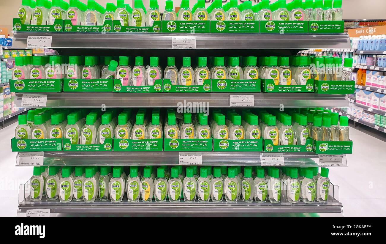 DUBAI, UAE, 24/06/2020. Plenty of small Dettol Original Instant Hand Sanitizer on a shelf in a supermarket. Stock Photo