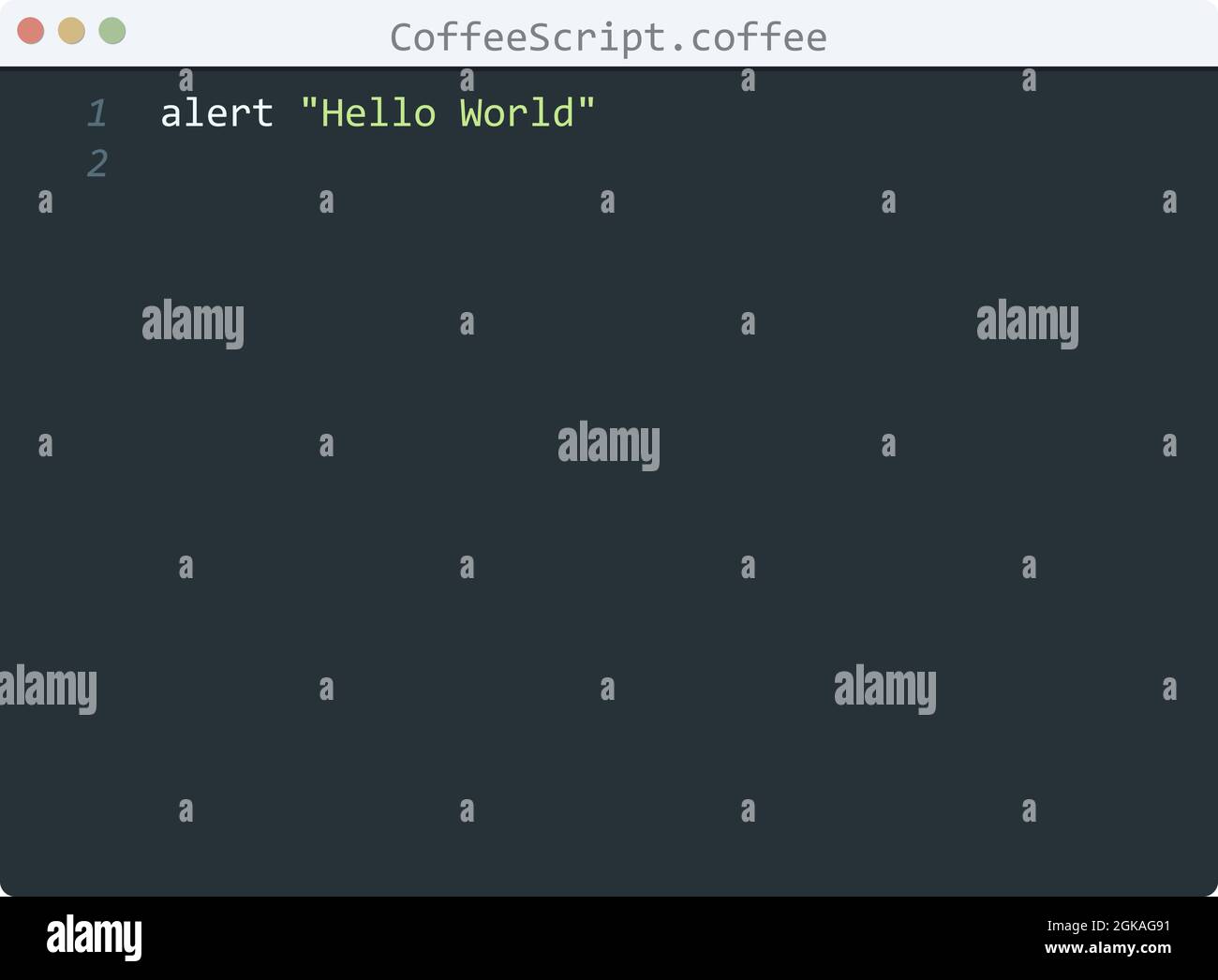CoffeeScript language Hello World program sample in editor window ...