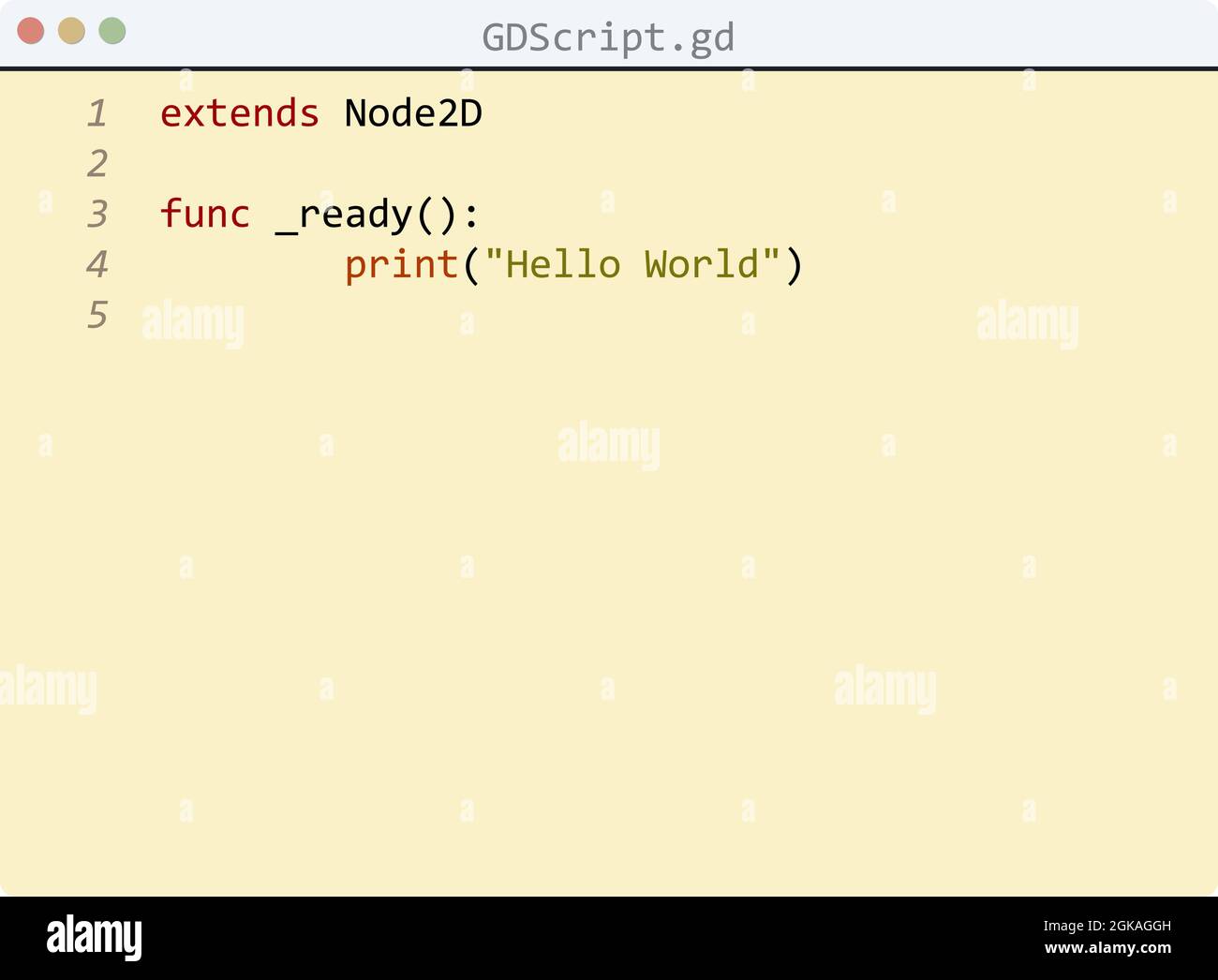 GDScript language Hello World program sample in editor window ...