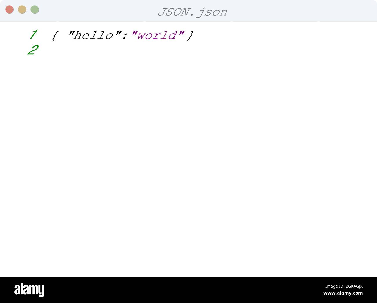 JSON language Hello World program sample in editor window illustration ...