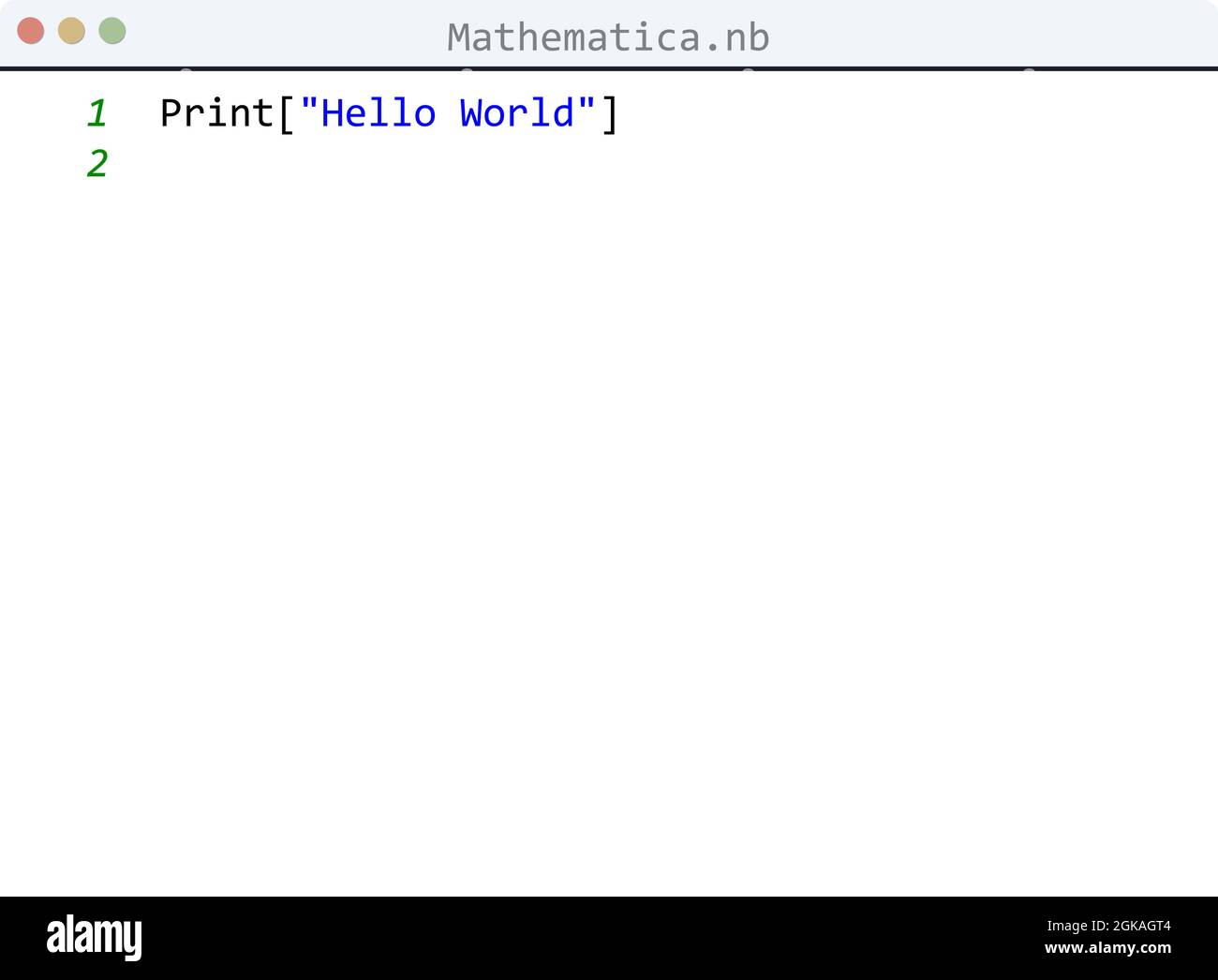 Mathematica language Hello World program sample in editor window ...
