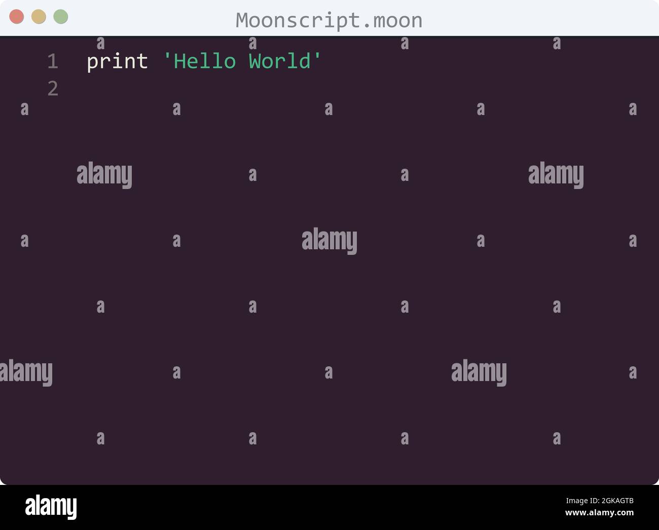 Moonscript language Hello World program sample in editor window ...