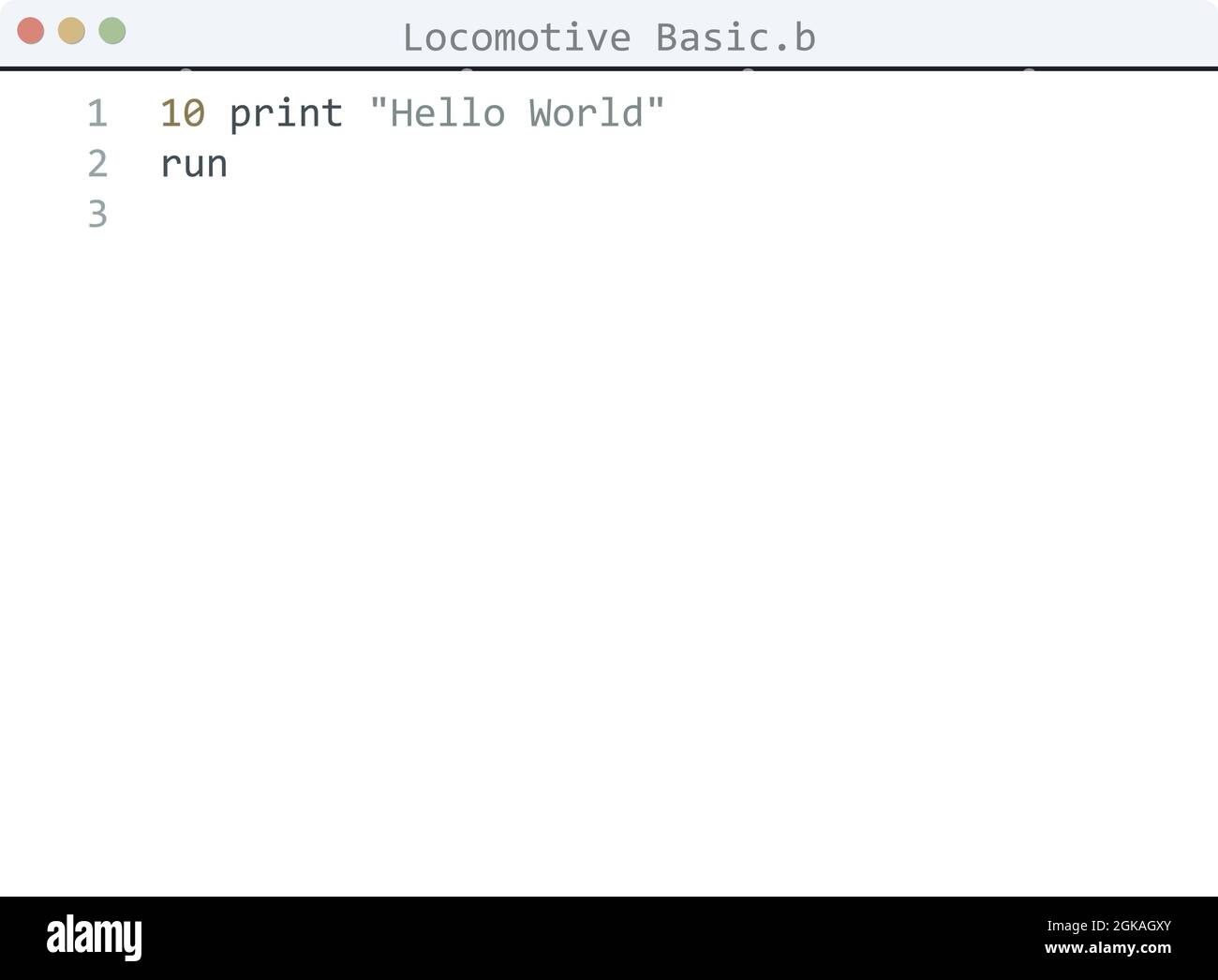 Locomotive Basic language Hello World program sample in editor window ...
