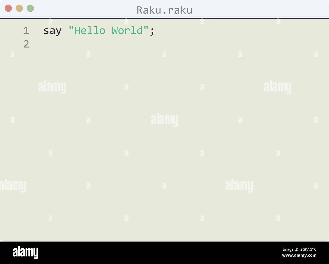 Raku language Hello World program sample in editor window illustration ...