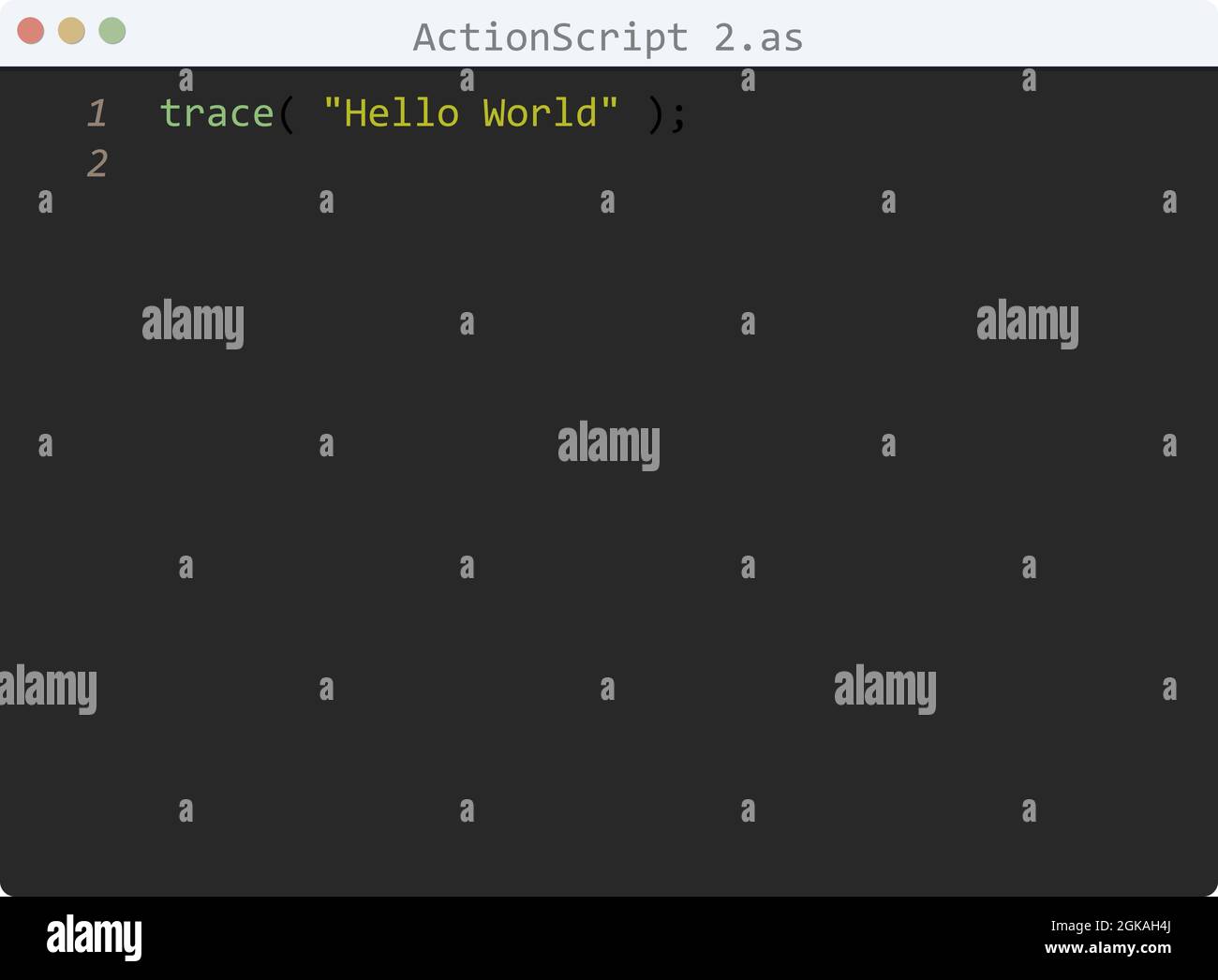 ActionScript 2 language Hello World program sample in editor window ...
