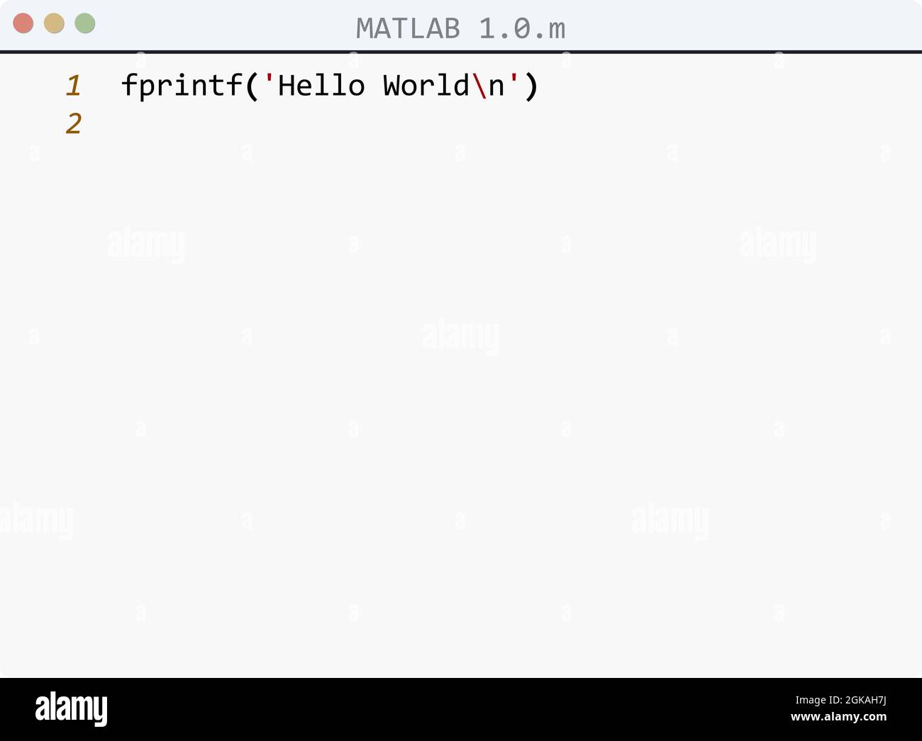 MATLAB 1.0 language Hello World program sample in editor window ...