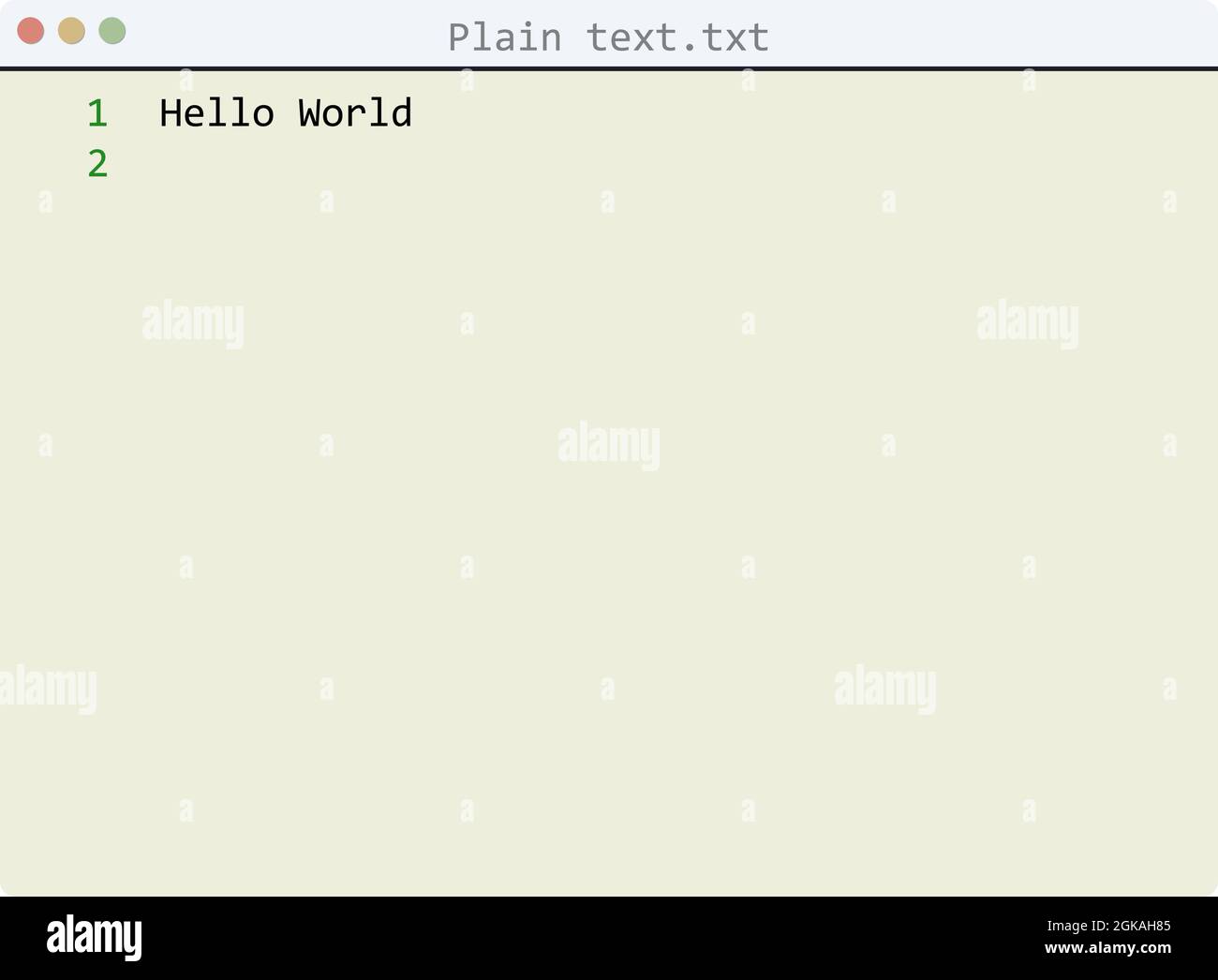 Plain text language Hello World program sample in editor window ...