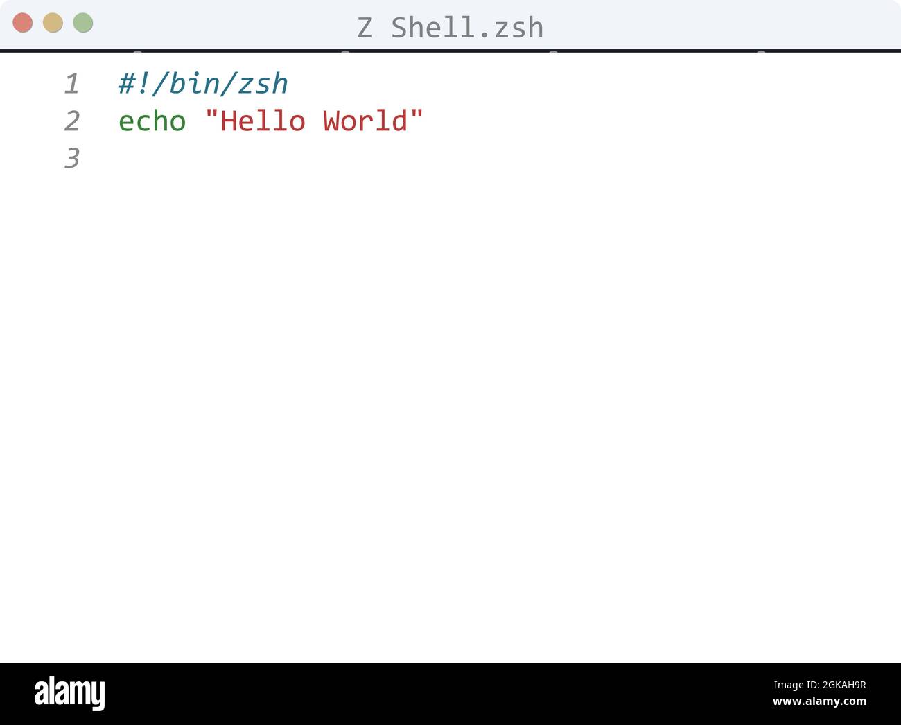 Z Shell language Hello World program sample in editor window ...