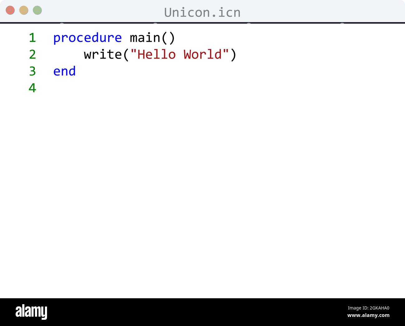 Unicon language Hello World program sample in editor window ...