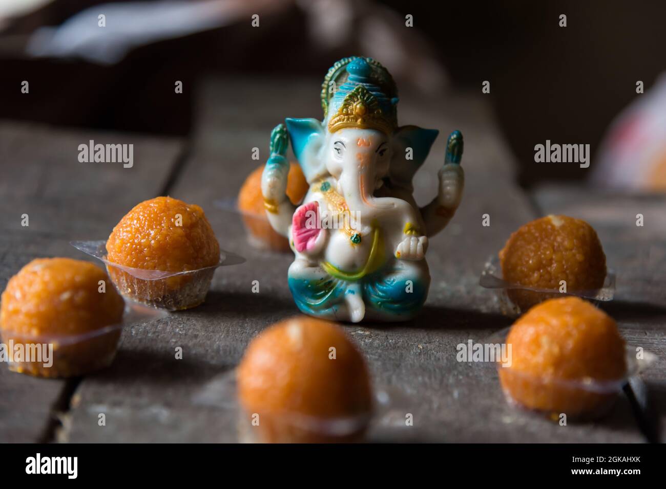 Indian traditional sweet motichur laddu or laddoo made of gram flour balls deep fried and dipped in sugar syrup Stock Photo