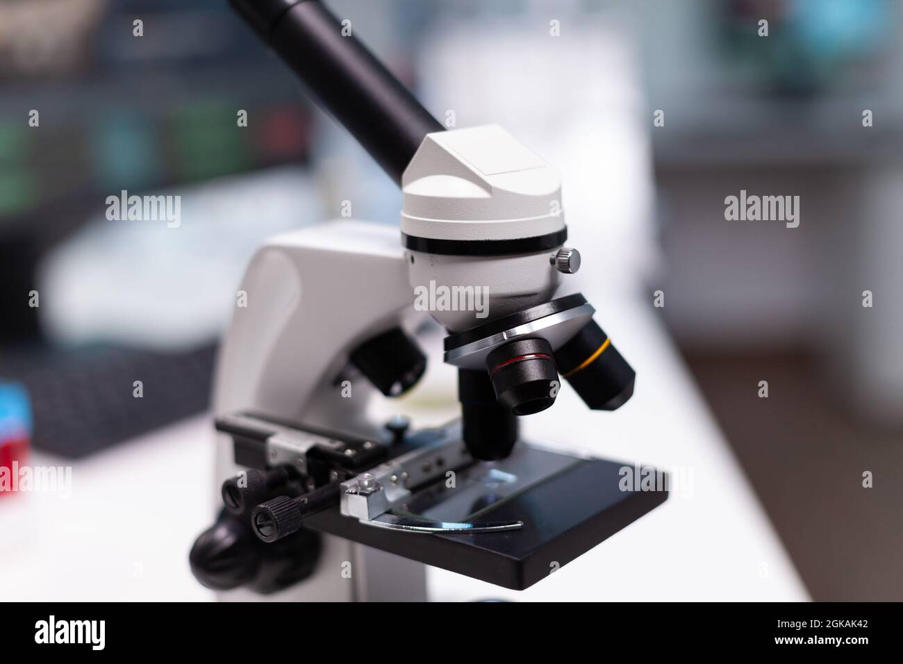 Close up of microscope in microbiology laboratory at science clinic
