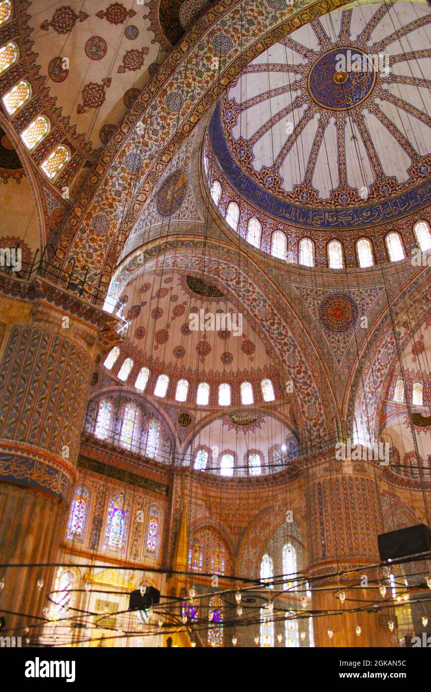 Vertical shot of an interior of the Blue Mosque with hand-painted blue ...