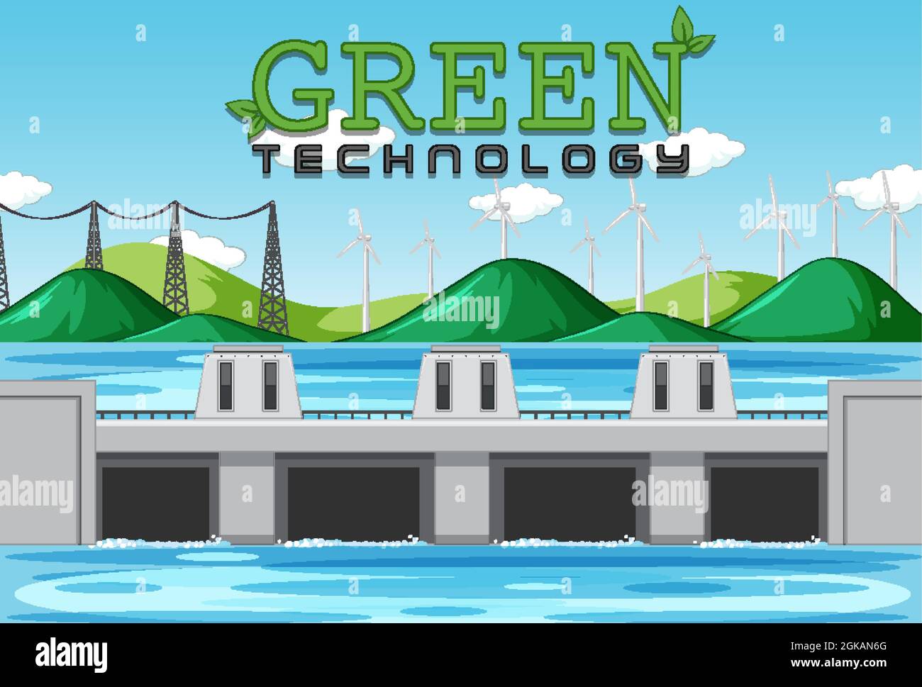 Hydro Power Plants generate electricity with green banner illustration ...