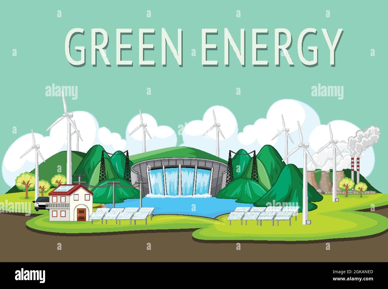 Hydro Power Plants generate electricity with green banner illustration