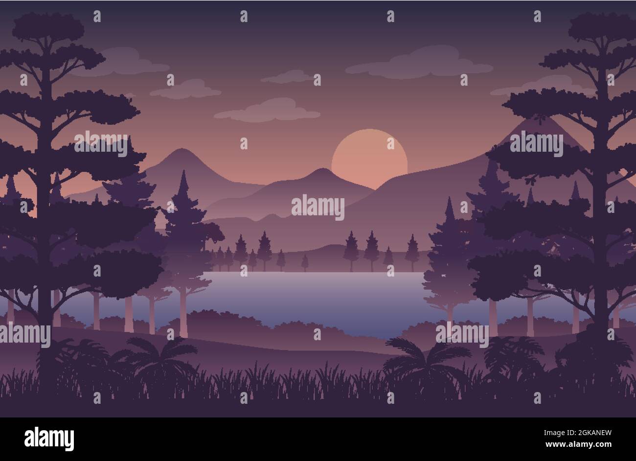 Silhouette twilight forest landscape background illustration Stock ...