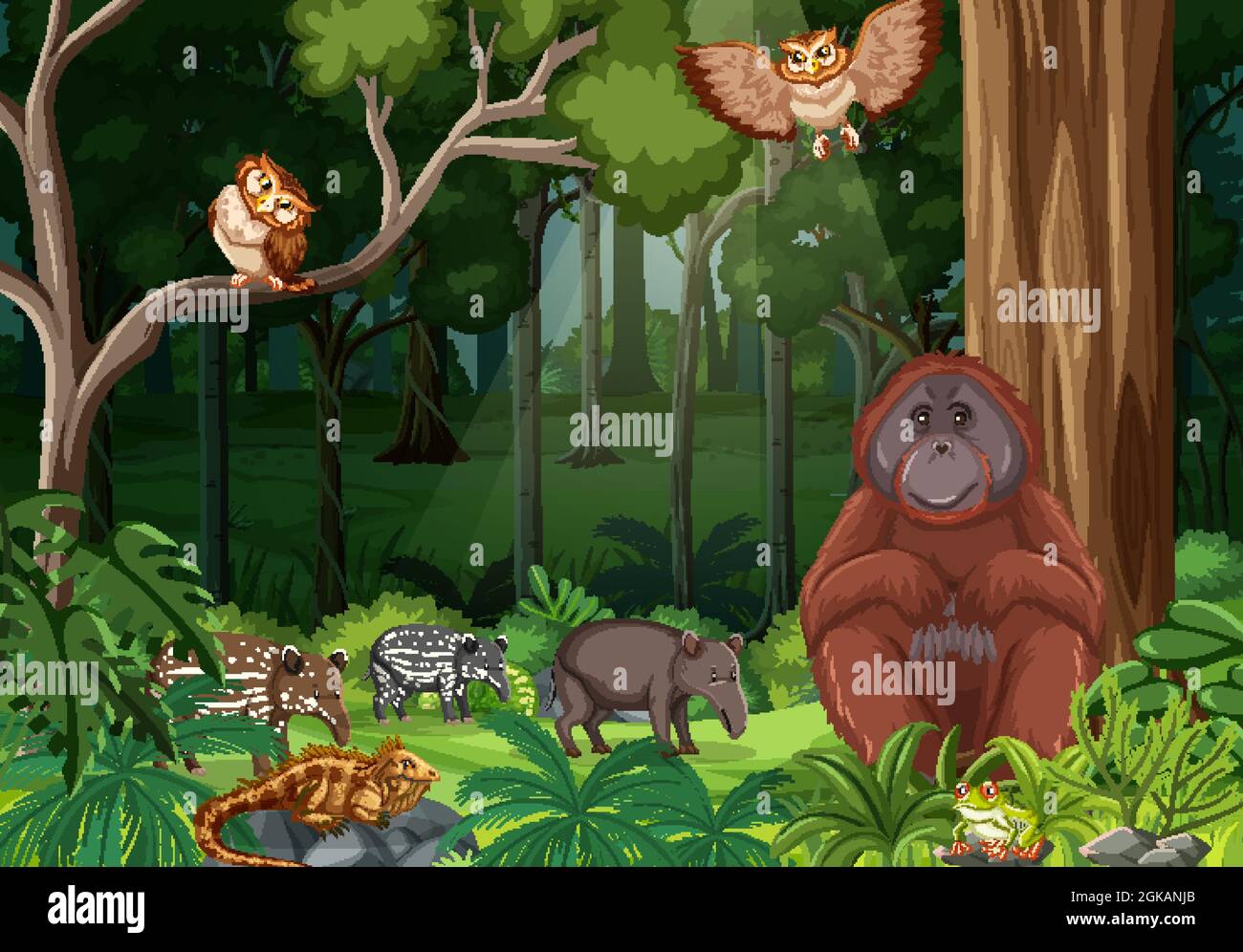 Wild animals in forest landscape background illustration Stock Vector ...