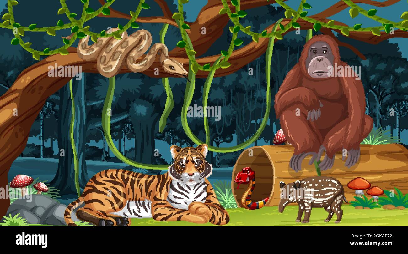 Wild animals in forest landscape background illustration Stock Vector ...
