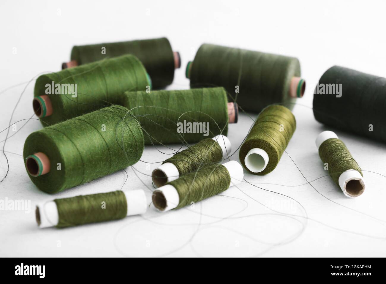 Dark green sewing threads on white background Stock Photo Alamy