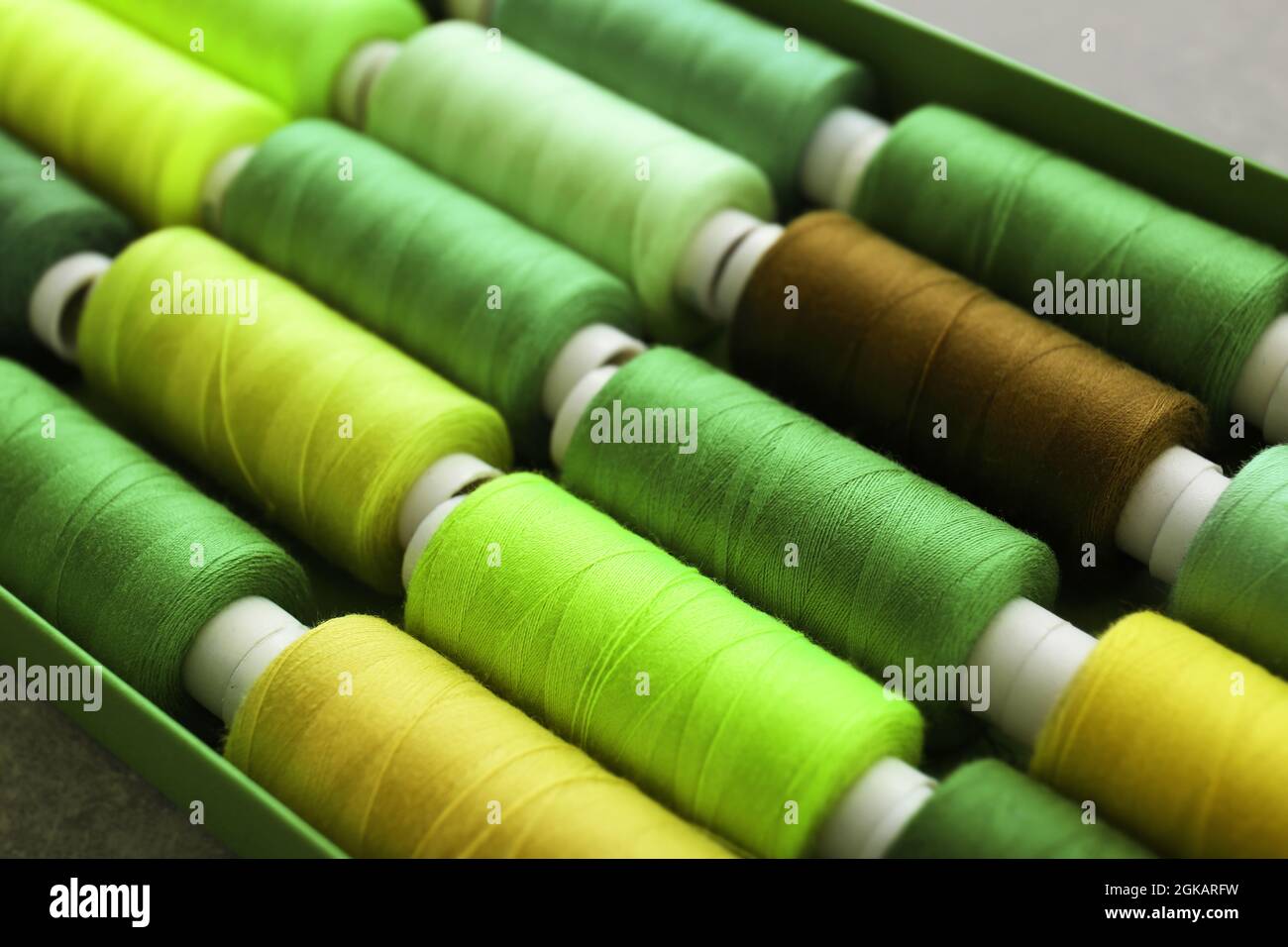 Green sewing threads of different shades in box Stock Photo Alamy