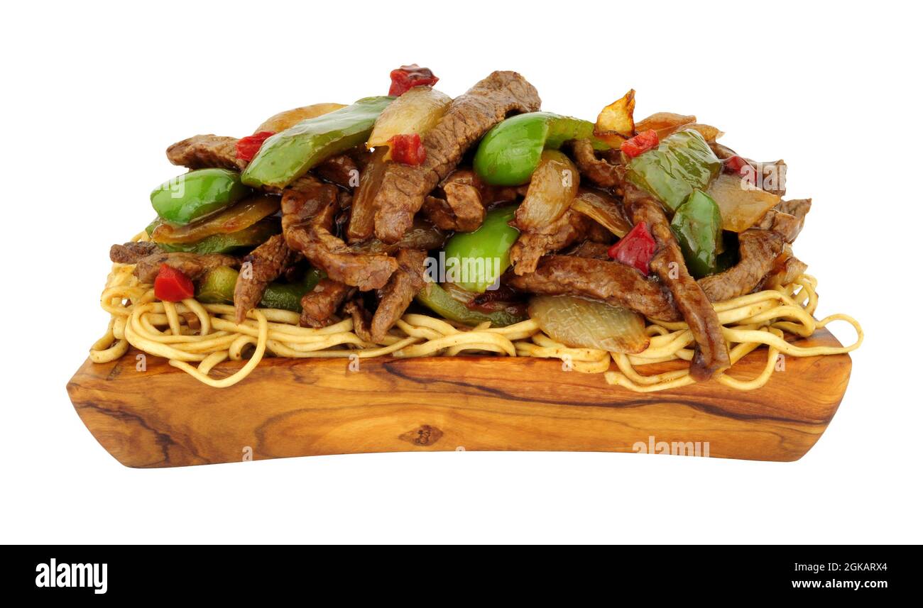 Beef and green pepper stir fry with black bean sauce and egg noodles