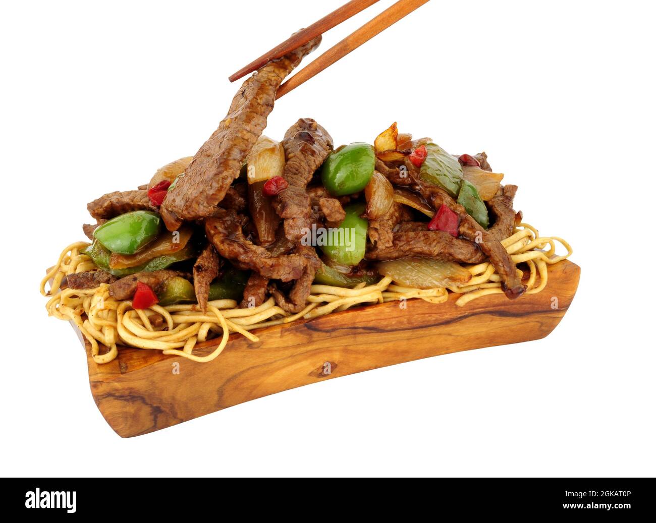 Beef and green pepper stir fry with black bean sauce and egg noodles