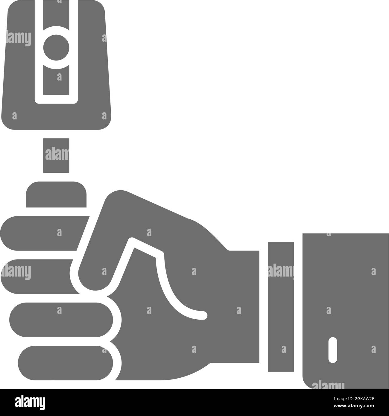 Hand with instrument for eye examination grey icon. Stock Vector