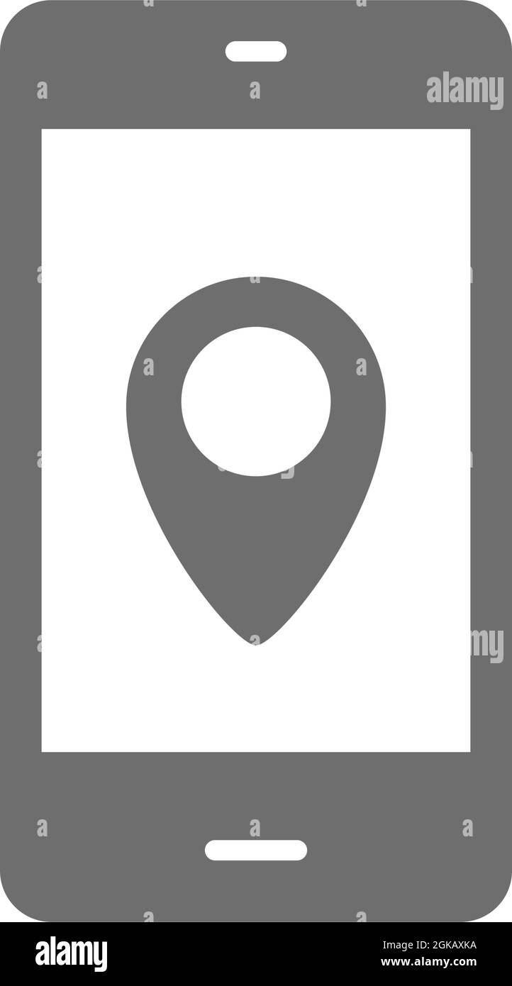 Smartphone with destination mark, geolocation, gps navigations grey icon. Stock Vector