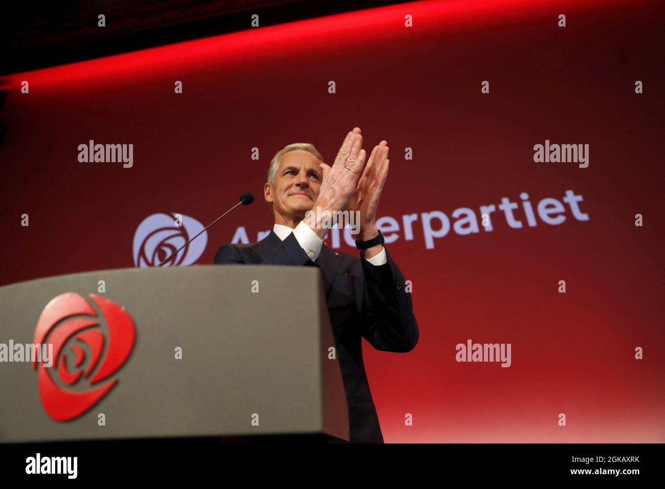 Labor leader Jonas Gahr Store after the results of the Labor Party's election event in Folkets Hus, in Oslo, Norway during the 2021 Norwegian parliamentary elections. Norway's left-wing opposition headed by Labour Party leader Jonas Gahr Store won Monday's general election after a campaign dominated by questions about the future of the key oil industry in Western Europe's largest producer. Photo by Marius Gulliksrud/Sella Pictures/ABACAPRESS.COM Stock Photo