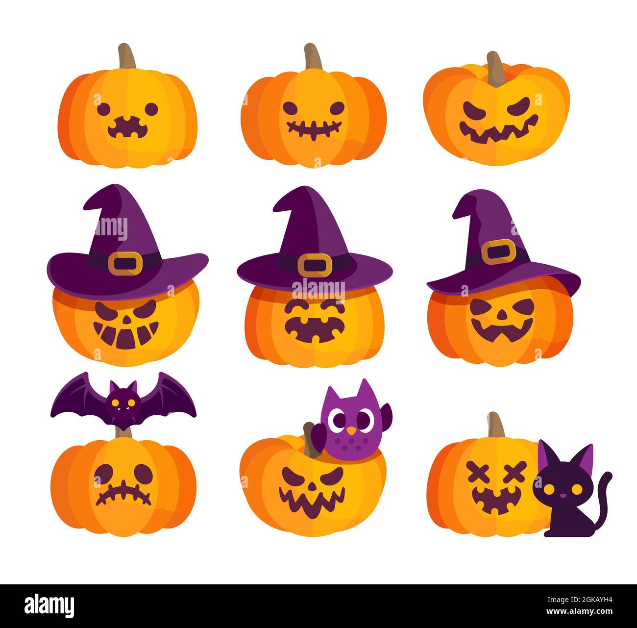 Set of funny Halloween pumpkins face decorated with witchcraft hat and horror bat,cat, owl vector illustration.Flat design icon. Stock Vector