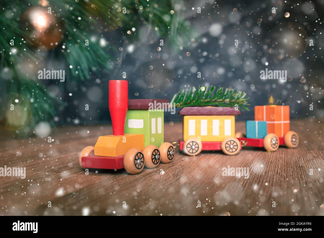 Miniature train for christmastime decoration Stock Photo