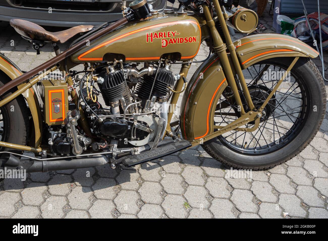Harley Davidson JD from 1928 in a very good restored condition - view from the side Stock Photo