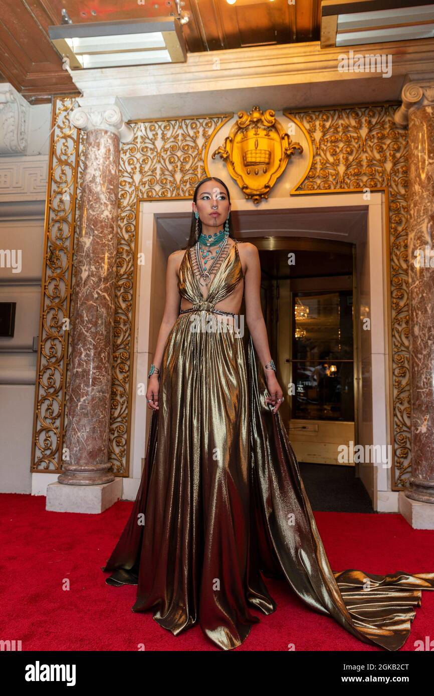 Quannah Chasinghorse wearing dress by Peter Dundas departs The Pierre Hotel  in New York on September 13, 2021 for the 2021 Met Gala Celebrating In  America: A Lexicon Of Fashion. (Photo by