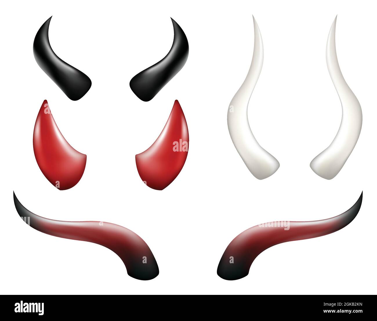 Devil horns vector illustration set. Red, Black and white horn
