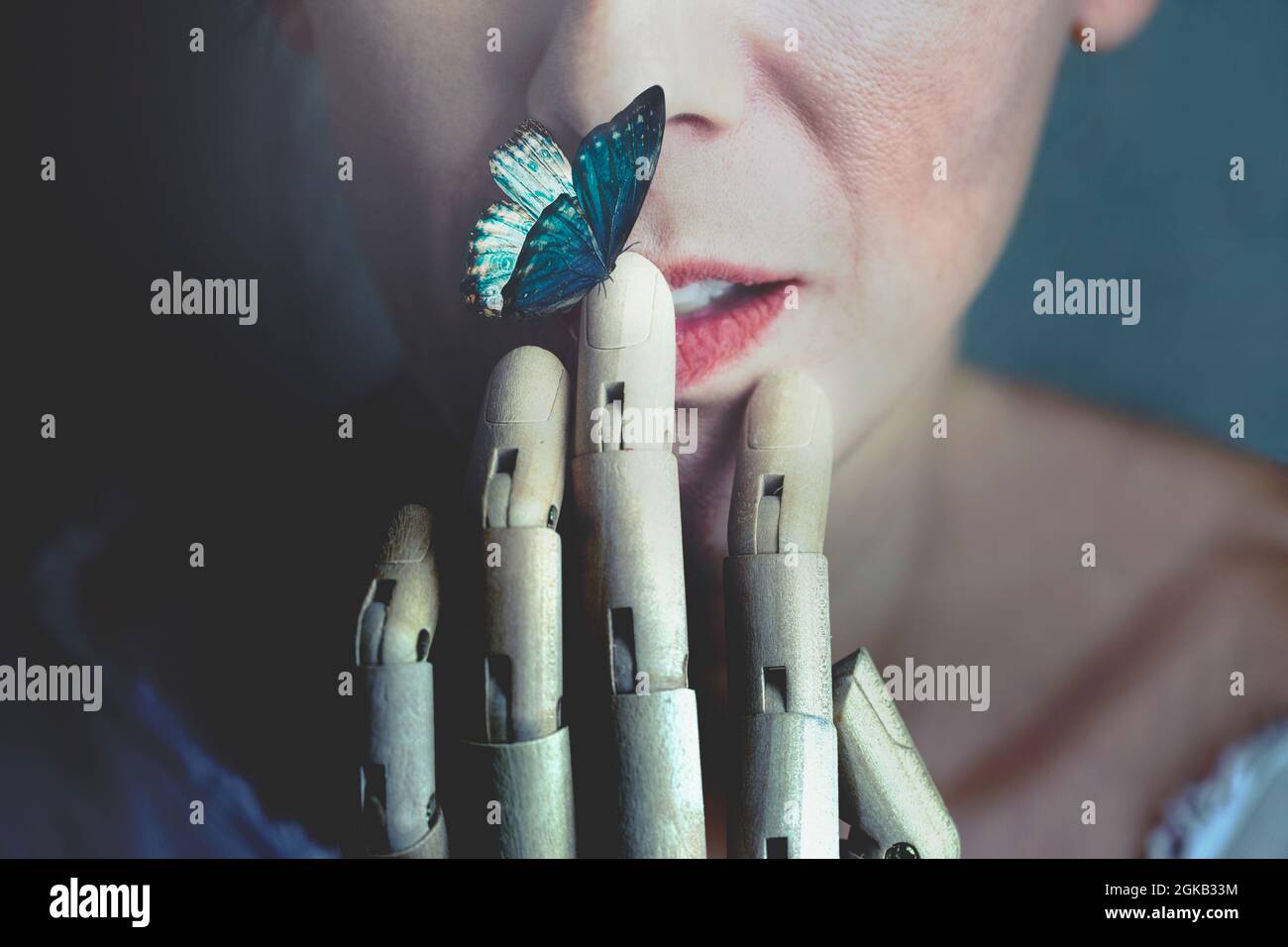 surreal butterfly leaning of a wooden hand touching a woman's mouth Stock Photo