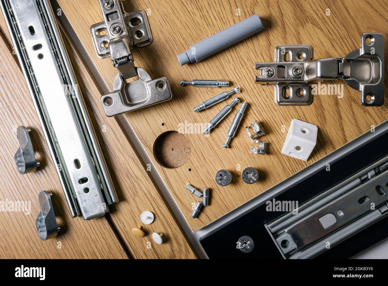 furniture fittings on wooden mdf background. top view Stock Photo Alamy