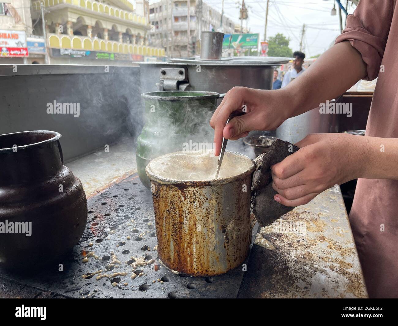 Traditional Pathan’s chai cafe in a market place in Karachi. Chai Dhaba