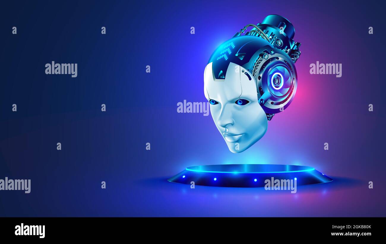 AI or artificial intelligence in image robot head hover over podium in virtual cyberspace. Humanoid face of mechanical cyborg with electronic brain or Stock Vector