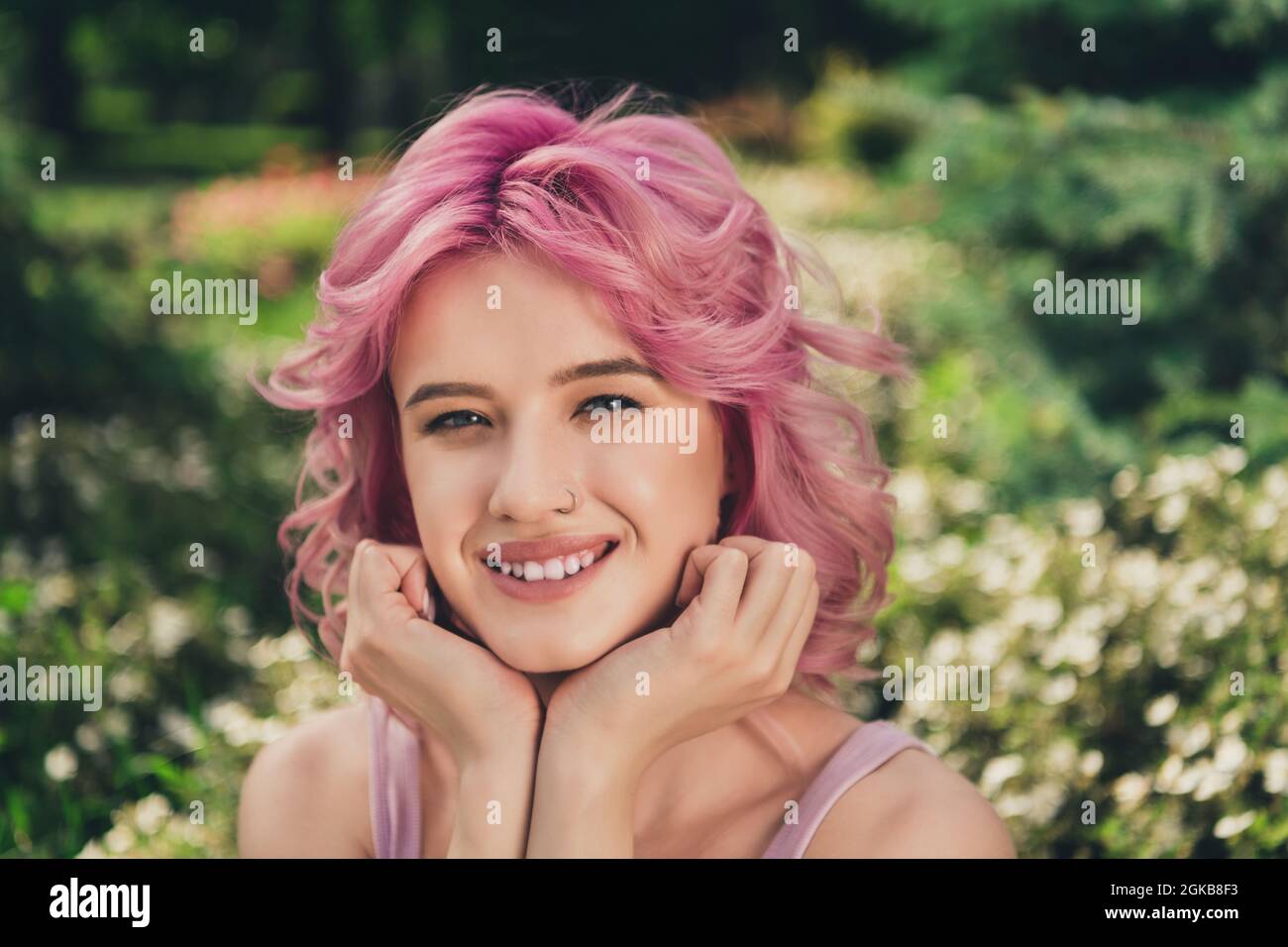 Photo of young attractive girl happy positive smile hands touch chin ...